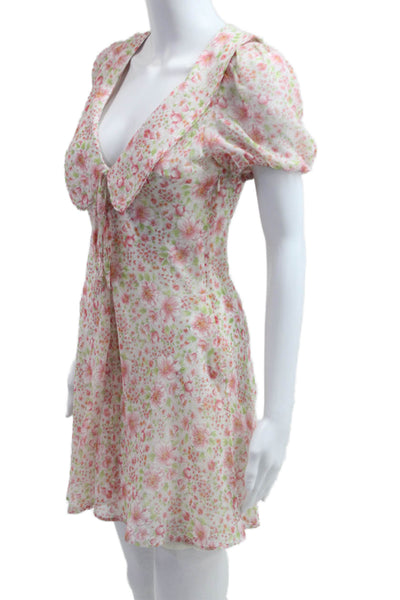 Zara Womens Pink Floral V Neck Mini Sundress Short Sleeve Size XS