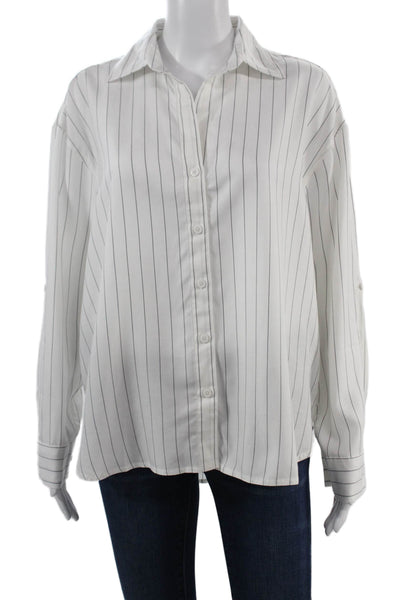 Babaton Women White Striped Collared Lyocell Button-Up Long Sleeve Size 2XS