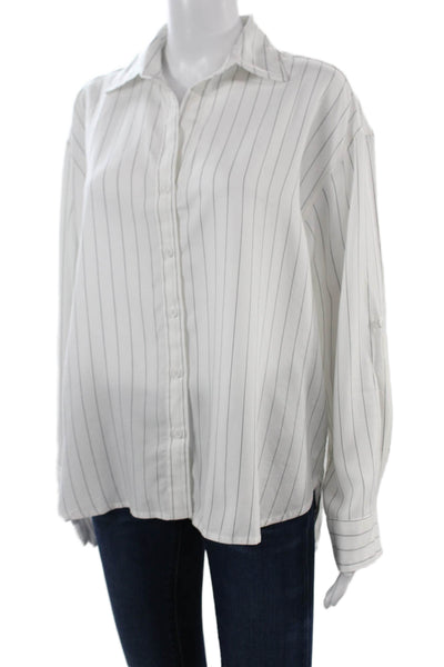 Babaton Women White Striped Collared Lyocell Button-Up Long Sleeve Size 2XS