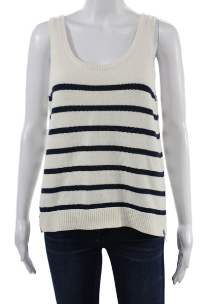 Kule Women Basic White Cotton Striped Nautical Round Neck Tank Size L