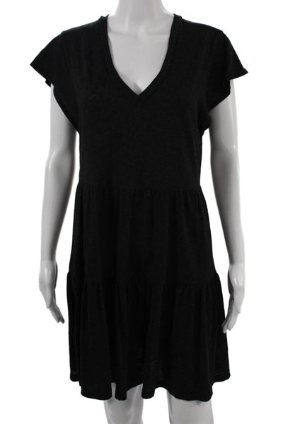 Monrow Women Shift T-Shirt Dress Black V-Neck Short Sleeve Cotton Size L