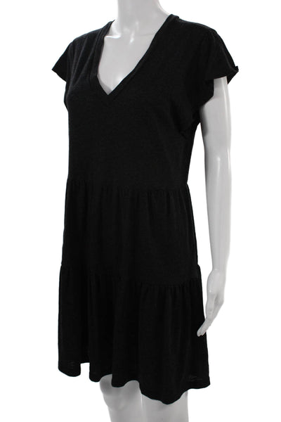 Monrow Women Shift T-Shirt Dress Black V-Neck Short Sleeve Cotton Size L