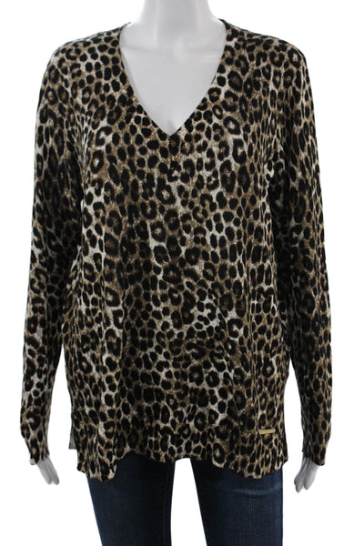 Michael Michael Kors Women Long Sleeve Animal Print V-Neck Tunic Beige Size L
