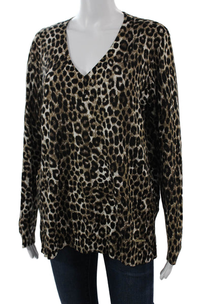 Michael Michael Kors Women Long Sleeve Animal Print V-Neck Tunic Beige Size L