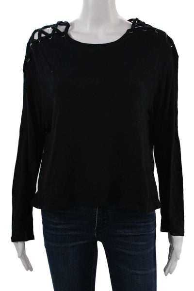 Enza Costa Womens Basic Lace Up Long Sleeve Round Neck Top Black Size M
