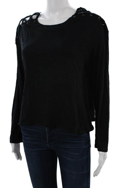 Enza Costa Womens Basic Lace Up Long Sleeve Round Neck Top Black Size M