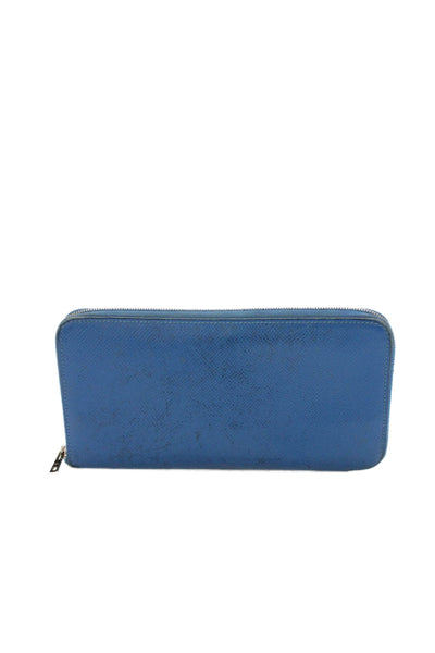 Hermes Womens Leather Silver Tone Zip Around Wallet Blue