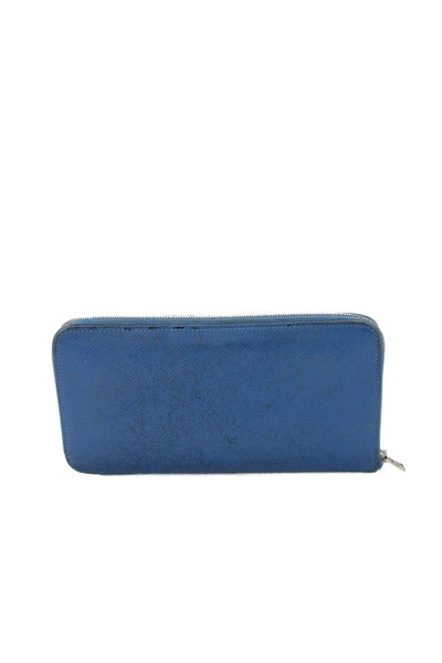 Hermes Womens Leather Silver Tone Zip Around Wallet Blue