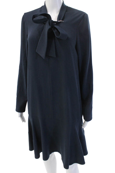 Tibi Women Shift Midi Dark Blue Long Sleeve High Neck Dress Size 6