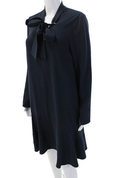 Tibi Women Shift Midi Dark Blue Long Sleeve High Neck Dress Size 6