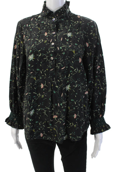 Tuckernuck Women Bohemian Floral Button-Up Blouse Black Long Sleeve Size L