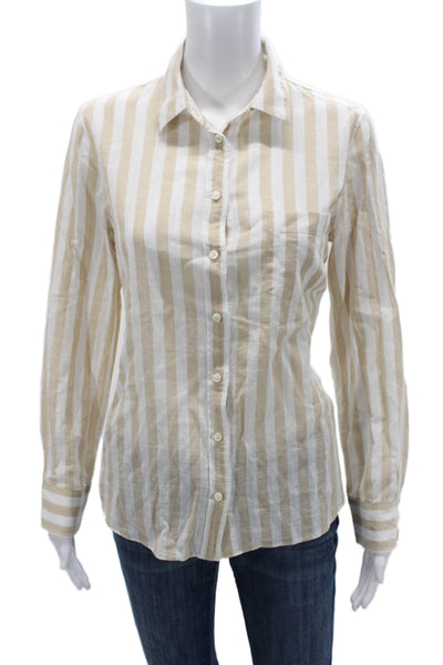 J Crew Women Striped Collared Cotton Button Up Long Sleeve Beige Size M