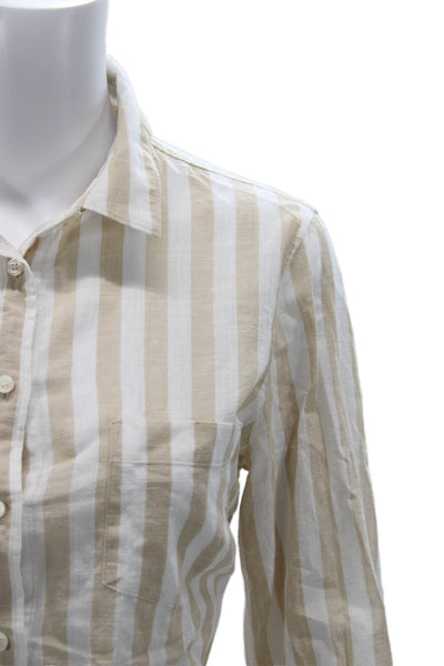 J Crew Women Striped Collared Cotton Button Up Long Sleeve Beige Size M
