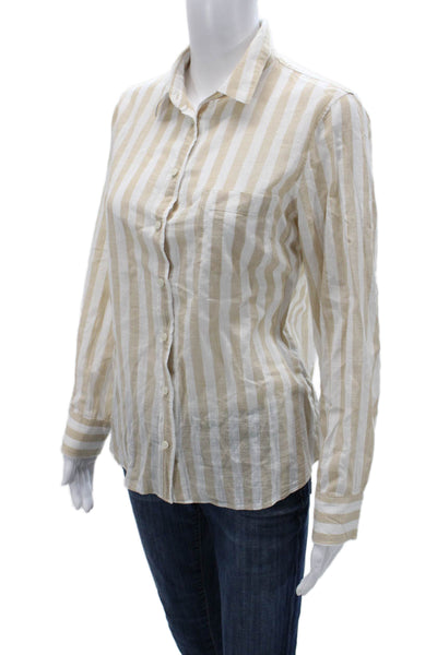 J Crew Women Striped Collared Cotton Button Up Long Sleeve Beige Size M