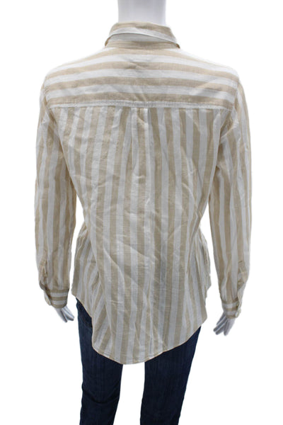 J Crew Women Striped Collared Cotton Button Up Long Sleeve Beige Size M