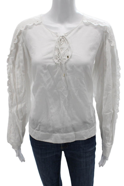 Claudie Pierlot Women White Boho Round Neck Long Sleeve Blouse Size S