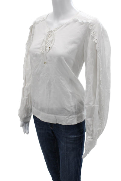 Claudie Pierlot Women White Boho Round Neck Long Sleeve Blouse Size S