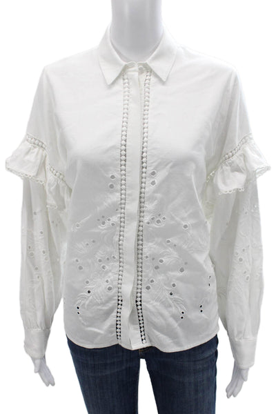 Uterque Women White Cotton Linen Collared Long Sleeve Button Up Blouse Size S