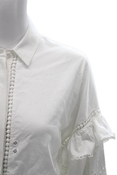 Uterque Women White Cotton Linen Collared Long Sleeve Button Up Blouse Size S