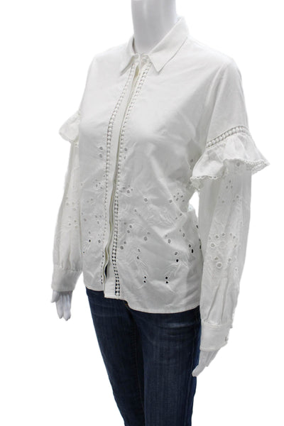 Uterque Women White Cotton Linen Collared Long Sleeve Button Up Blouse Size S