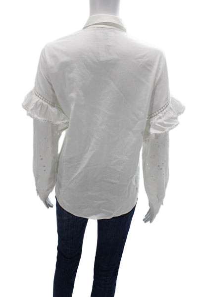 Uterque Women White Cotton Linen Collared Long Sleeve Button Up Blouse Size S
