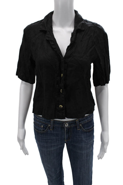 Stateside Women Cropped Button-Up Black Linen Collared Short Sleeve Size XS