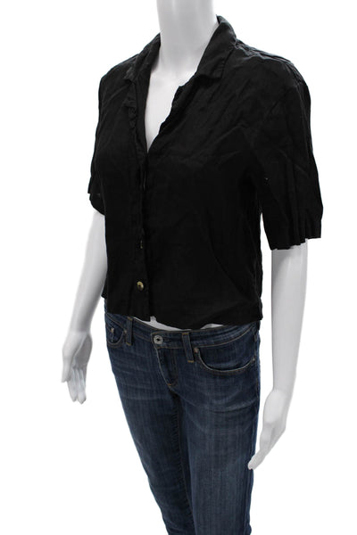 Stateside Women Cropped Button-Up Black Linen Collared Short Sleeve Size XS