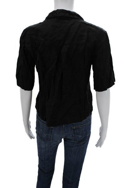 Stateside Women Cropped Button-Up Black Linen Collared Short Sleeve Size XS