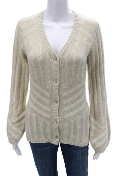 Naadam Unisex Beige V-Neck Striped Wool Cashmere Cardigan Button Size XS