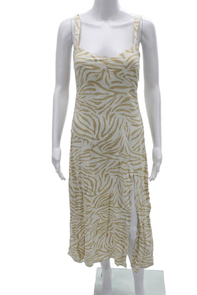 Zara Women Beige Animal Print Slip Midi Dress Sleeveless Viscose Linen Size XS