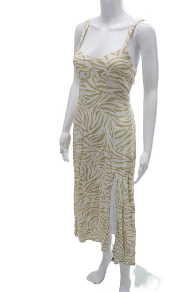 Zara Women Beige Animal Print Slip Midi Dress Sleeveless Viscose Linen Size XS