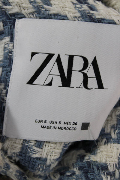 Zara Women Checked Blue Collared Button Long Sleeve Polyester Jacket Size S