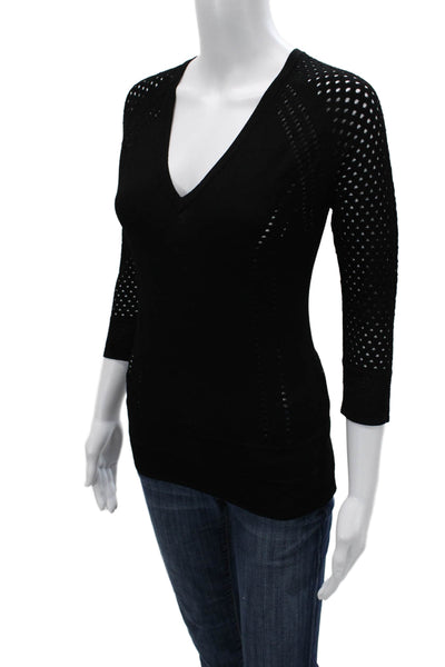 Autumn Cashmere Womens Basic Black V Neck 3/4 Sleeve Top Size S
