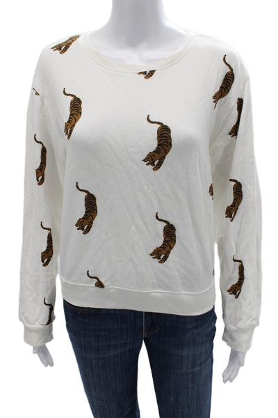 Monrow Women Pullover Sweatshirt White Animal Print Crew Neck Size M