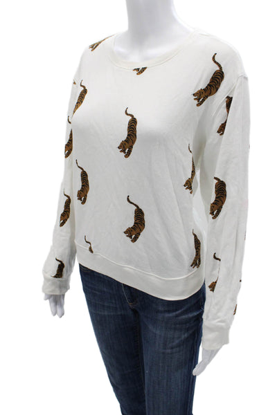Monrow Women Pullover Sweatshirt White Animal Print Crew Neck Size M