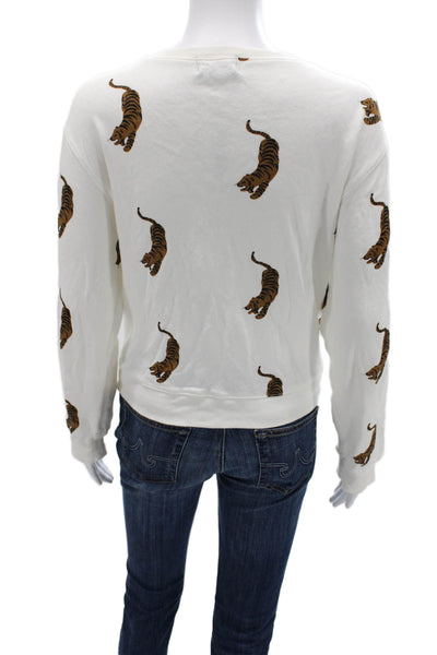 Monrow Women Pullover Sweatshirt White Animal Print Crew Neck Size M