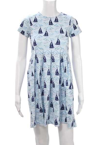Rachel Riley Girls Boat Print Short Sleeve Dress Blue Size 10Y