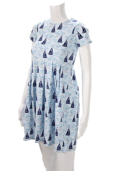 Rachel Riley Girls Boat Print Short Sleeve Dress Blue Size 10Y