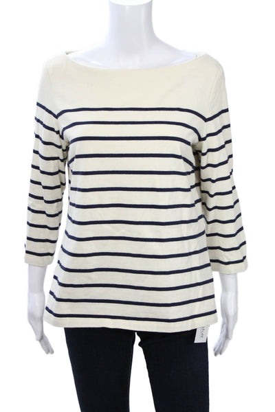 J. Mclaughlin Womens Beige 100% Cotton Striped Basic 3/4 Sleeve T-Shirt Size L