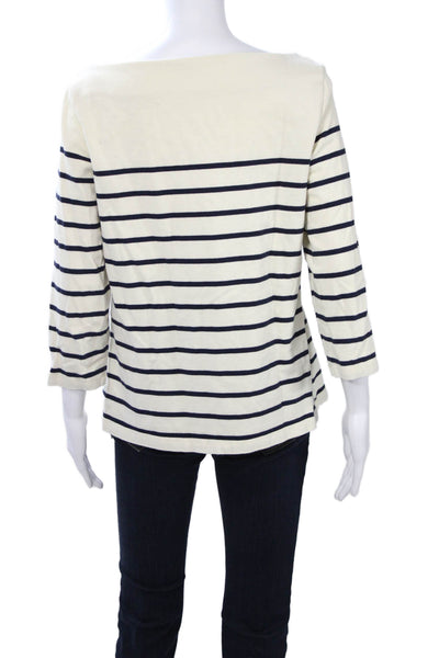 J. Mclaughlin Womens Beige 100% Cotton Striped Basic 3/4 Sleeve T-Shirt Size L