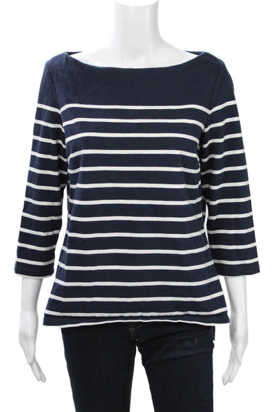 J. Mclaughlin Women Dark Blue Striped 3/4 Sleeve Basic T-Shirt Cotton Size L