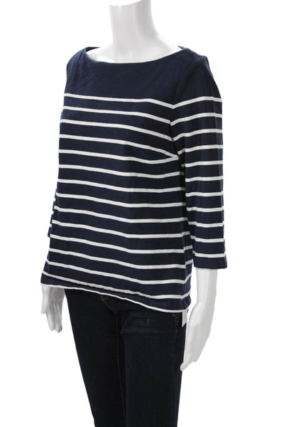 J. Mclaughlin Women Dark Blue Striped 3/4 Sleeve Basic T-Shirt Cotton Size L