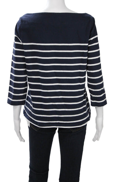J. Mclaughlin Women Dark Blue Striped 3/4 Sleeve Basic T-Shirt Cotton Size L