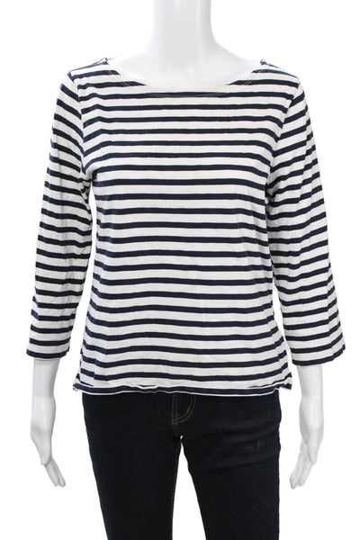 J Crew Women Dark Blue Nautical Striped 3/4 Sleeve Cotton T-Shirt Size L