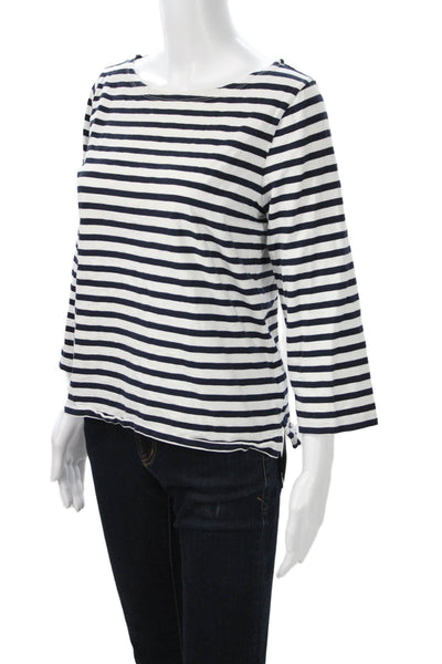 J Crew Women Dark Blue Nautical Striped 3/4 Sleeve Cotton T-Shirt Size L