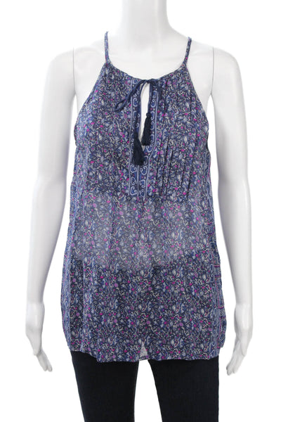 Joie Womens Tunic Floral Silk Sleeveless Dark Blue Drawstring Bohemian Size M