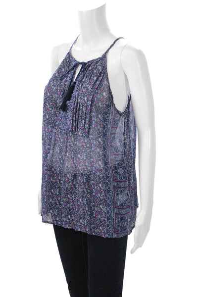 Joie Womens Tunic Floral Silk Sleeveless Dark Blue Drawstring Bohemian Size M