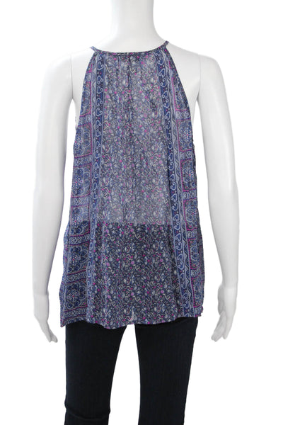 Joie Womens Tunic Floral Silk Sleeveless Dark Blue Drawstring Bohemian Size M