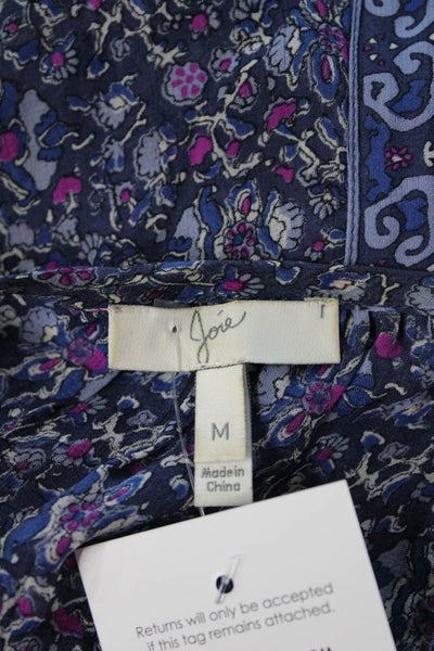Joie Womens Tunic Floral Silk Sleeveless Dark Blue Drawstring Bohemian Size M