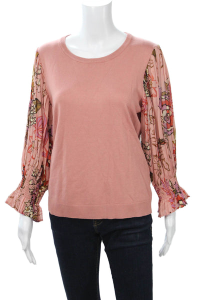 Adrianna Papell Women Bohemian Pink Floral Crew Neck Long Sleeve Blouse Size M